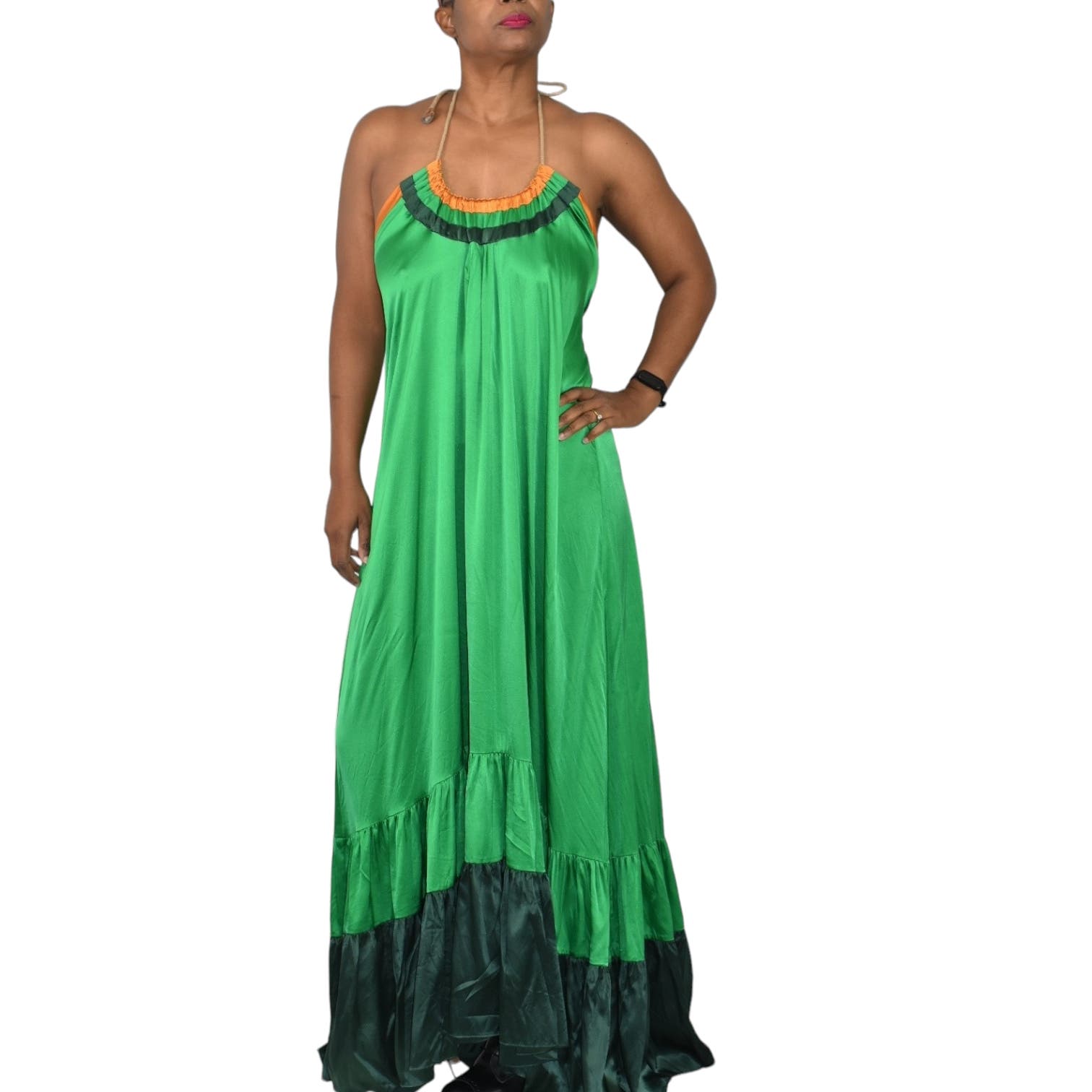 Love Binetti Halter Dress Green Silk Satin Maxi Sundress Draped Tent Oversized Lounge Patio Flowy Size Medium