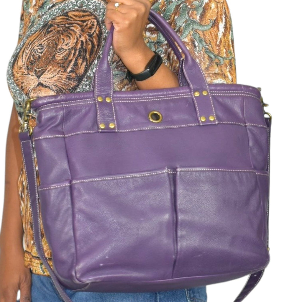 Levenger St Tropez Tote Purple Shoulder Bag Lavender Leather Carryall Pockets Handles