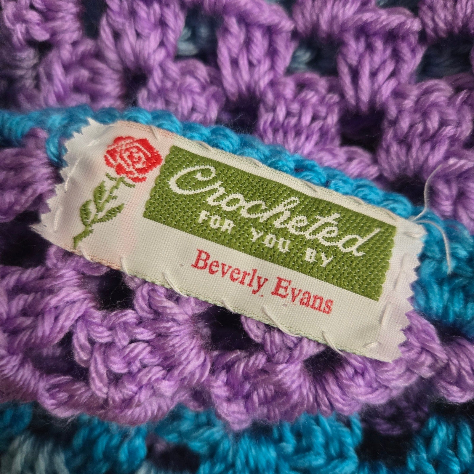 Hand Knit Crochet Shawl Blue Purple Ombre Blanket Wrap Triangle Granny Squares Vintage Afghan One Size S M L