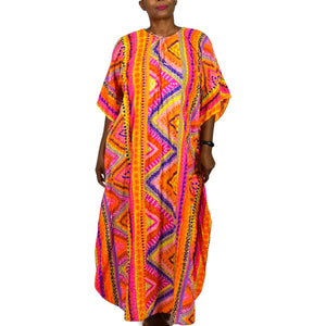 Vintage Abstract Psychedelic Accordion Caftan Dress Pink Geo Neon Dayglo Rainbow Print Maxi 60s 70s One Size S M L