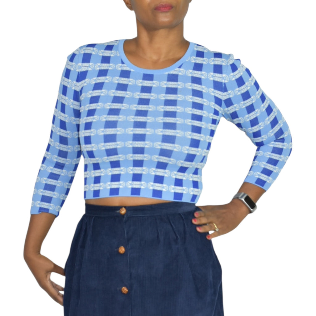 Baum Und Pferdgarten Chani Blue Plaid Check Plaid Gingham Grid Knit Cropped Sweater Top Scandi XS