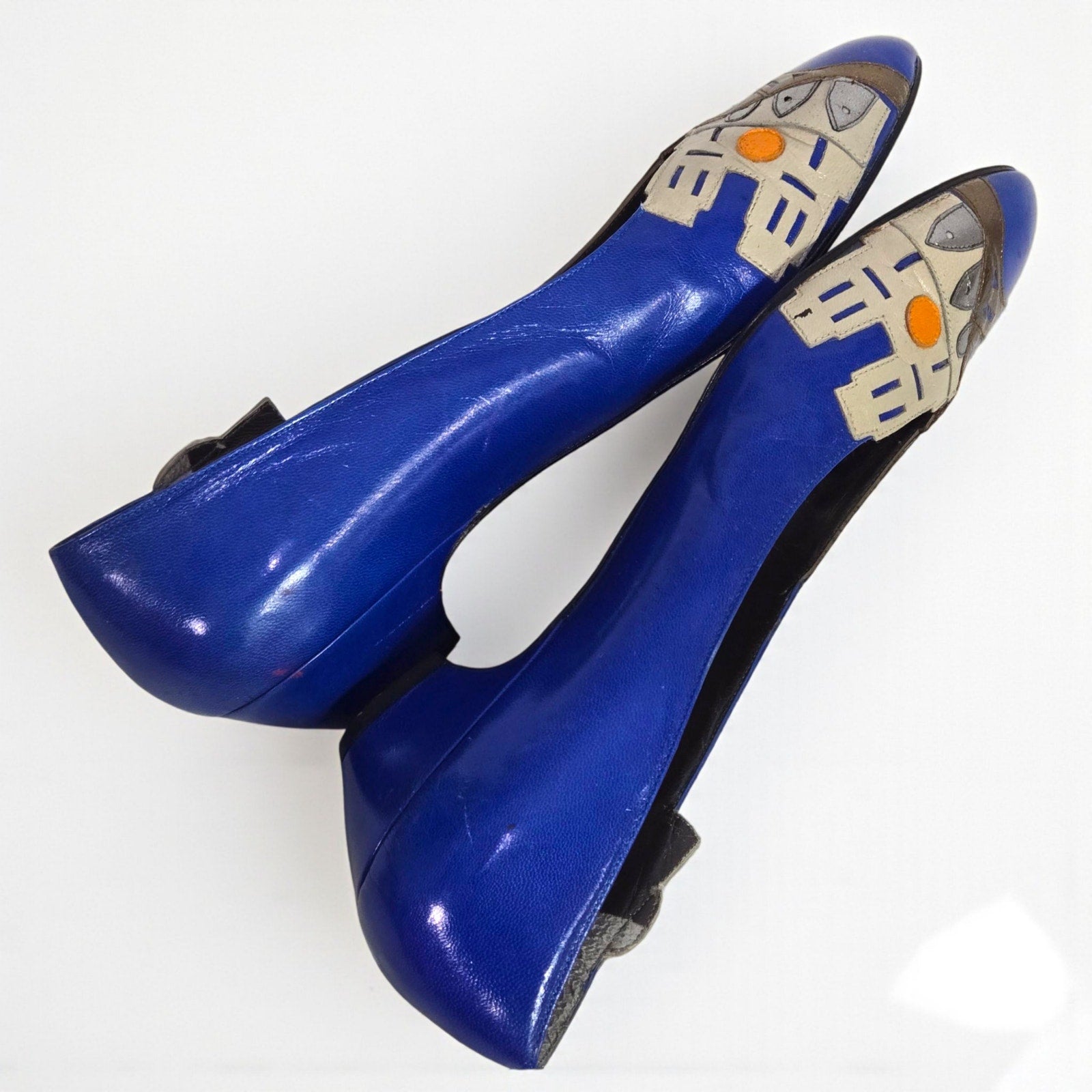 Vintage Margaret J Eiffel Tower Pumps Blue Leather Paris France Kitten Heel Almond Toe 8