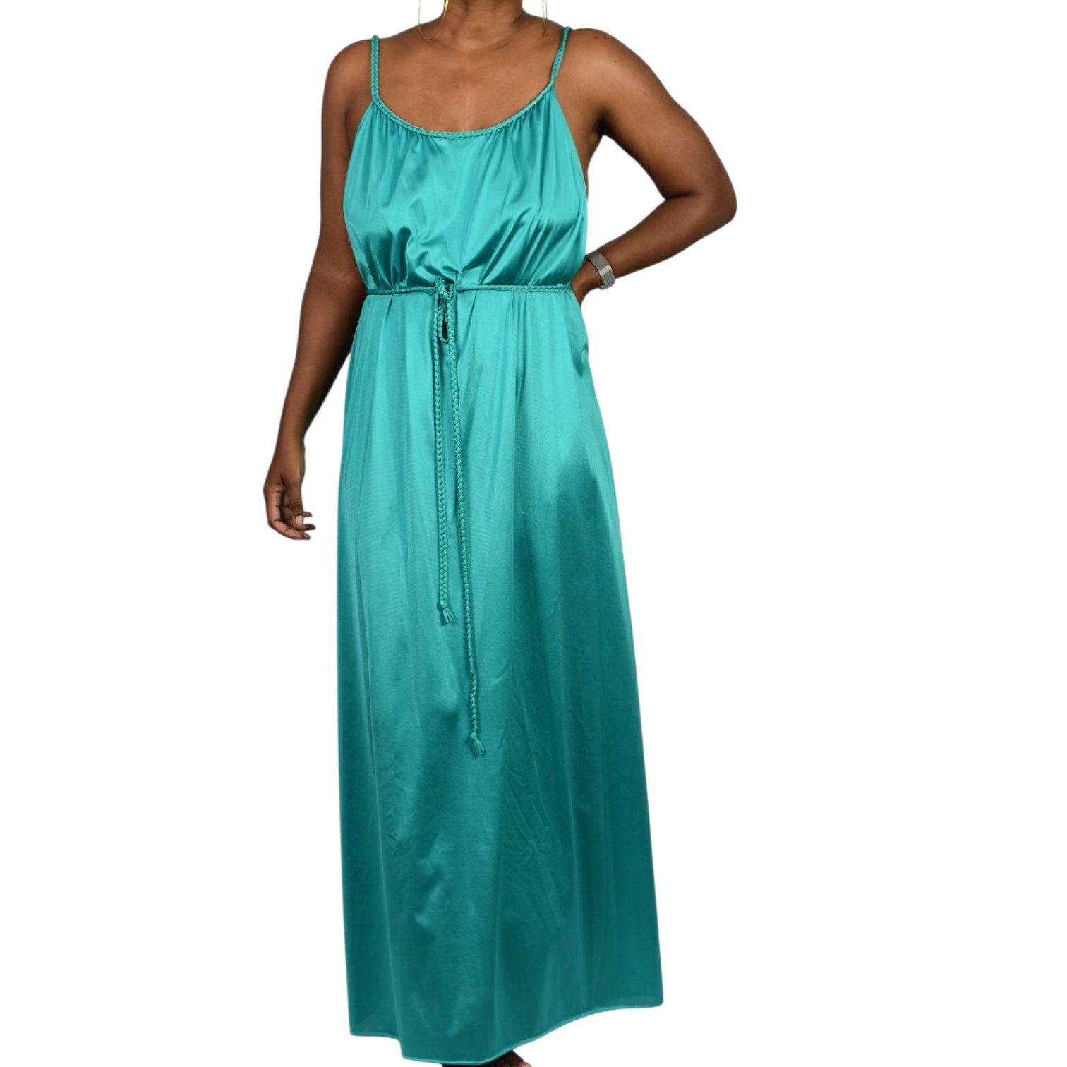 Vintage JC Penney Grecian Style Gown Green Teal Nylon Nightgown Goddess Long Maxi Silky Shiny Lingerie 70s 80s Large