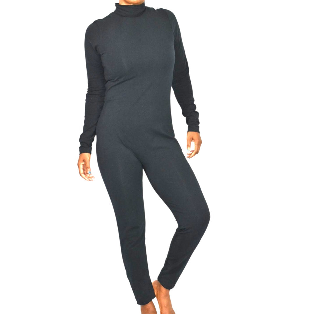 American Apparel Black Catsuit Cotton Spandex Long Sleeve Mock Neck Bodysuit Jumpsuit XL