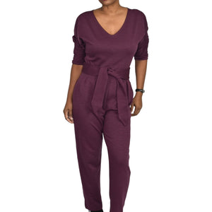 Anthropologie Sutton Jumpsuit Purple Plum Berry Ponte Knit Relaxed Belted Pants Size XS