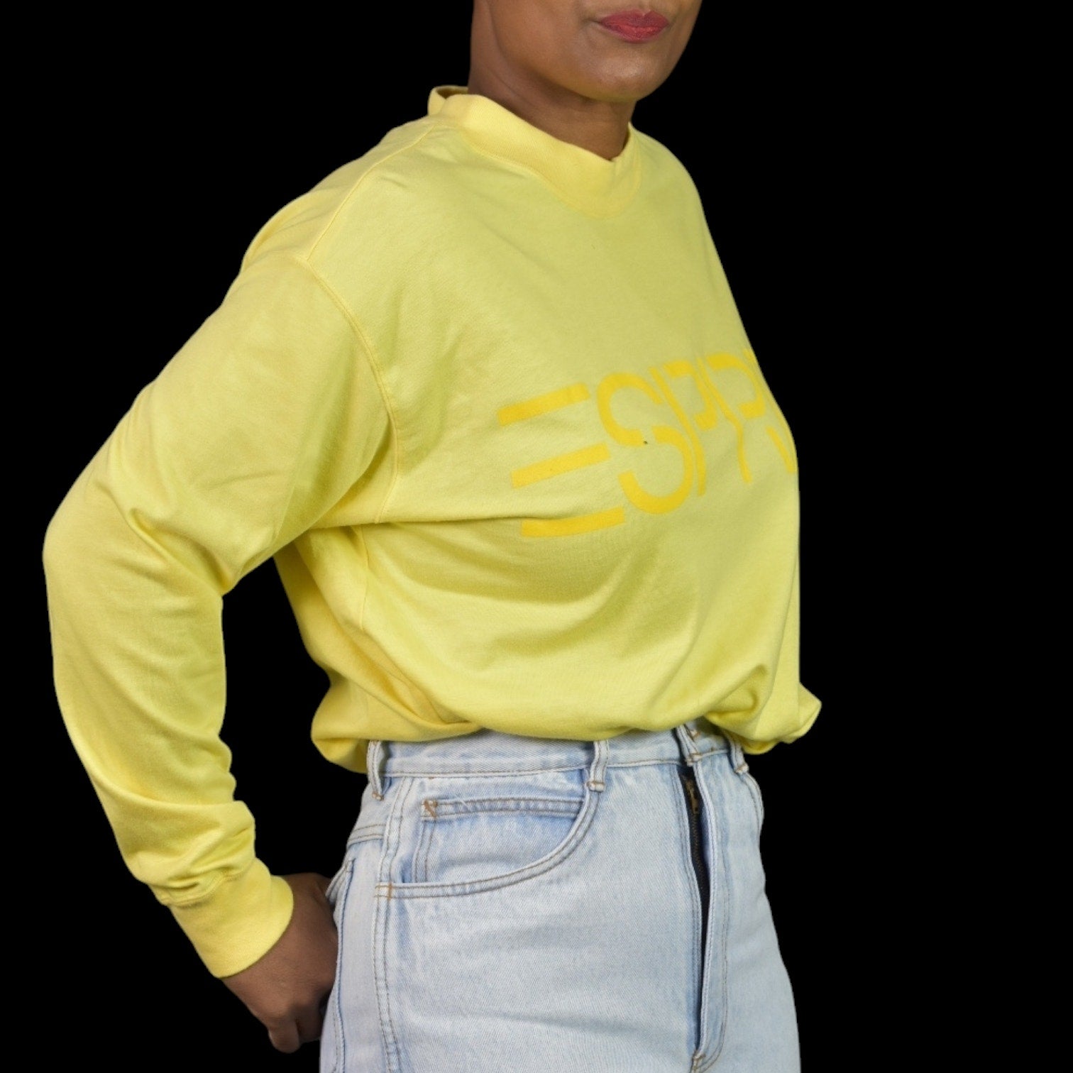 Vintage Esprit Long Sleeve Shirt Yellow Logo Pullover Cotton Retro Pastel Medium