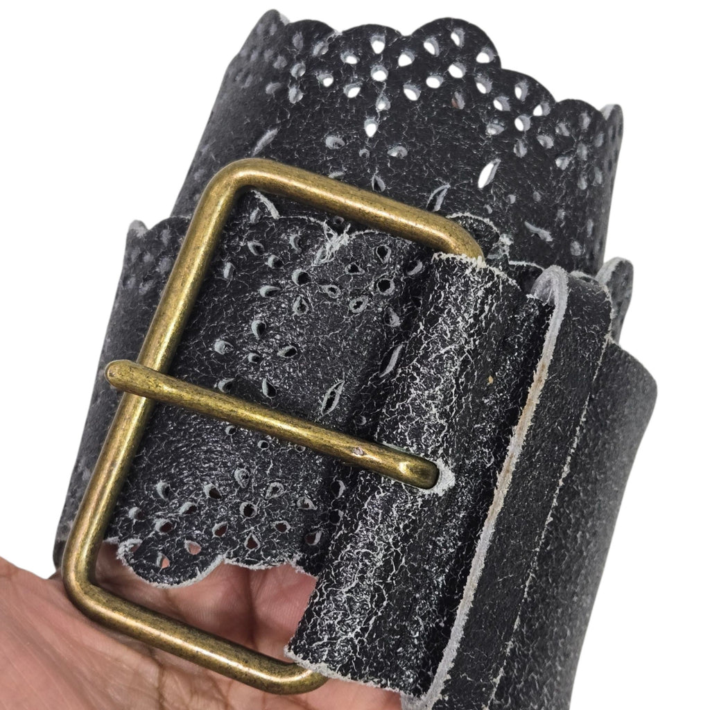 Olga Santini Wide Leather Belt Black Crackled Laser Cut Scalloped Brass Tone Buckle Medium