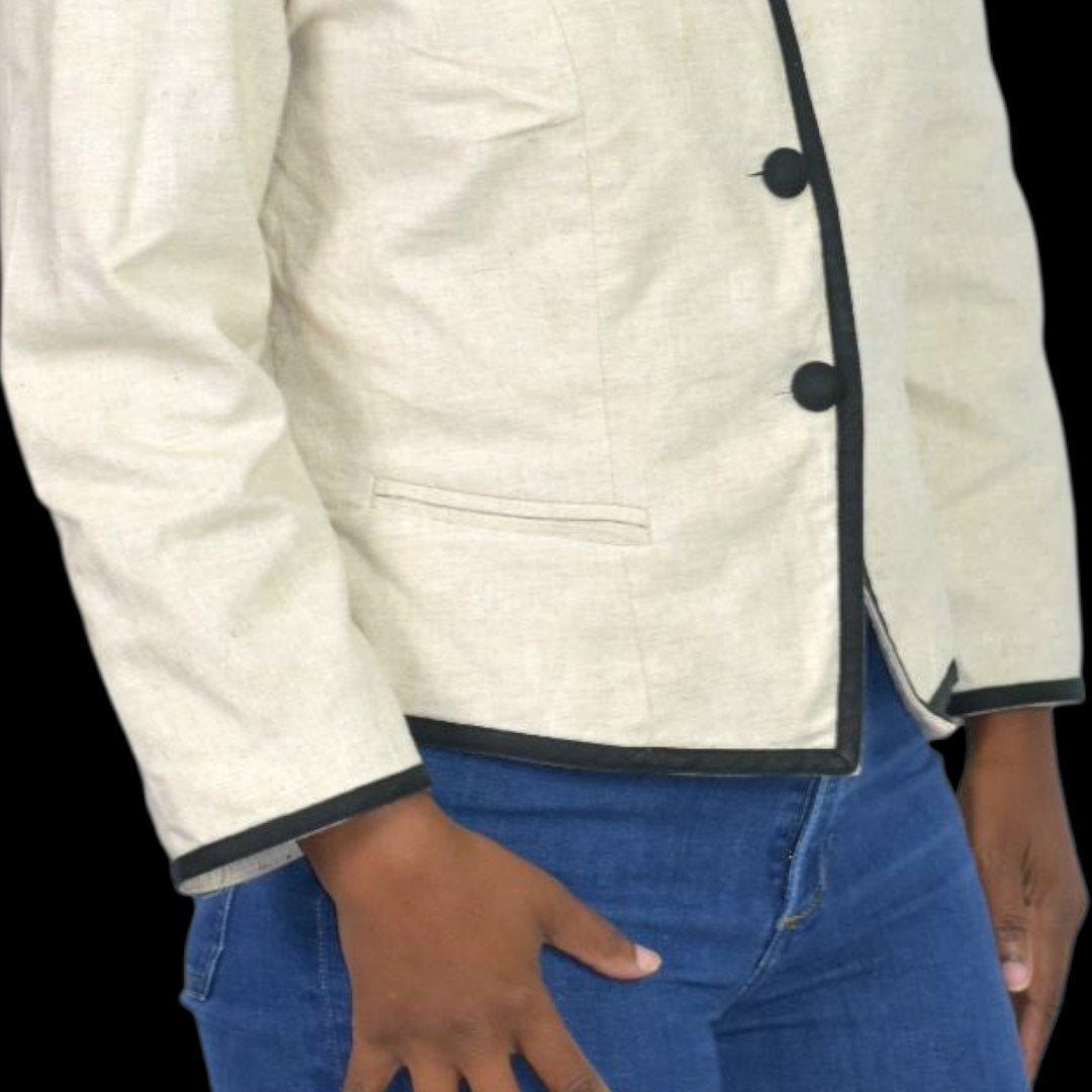Vintage Althuser Linen Blend Blazer Jacket Beige Cropped Black Trim Tailored Shoulder Pads 10