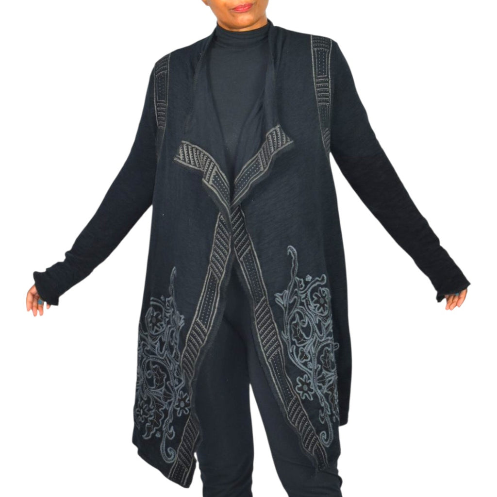 Paparazzi Biz Embroidered Asymmetric Cardigan Jacket Black Duster Cotton Open Front Medium