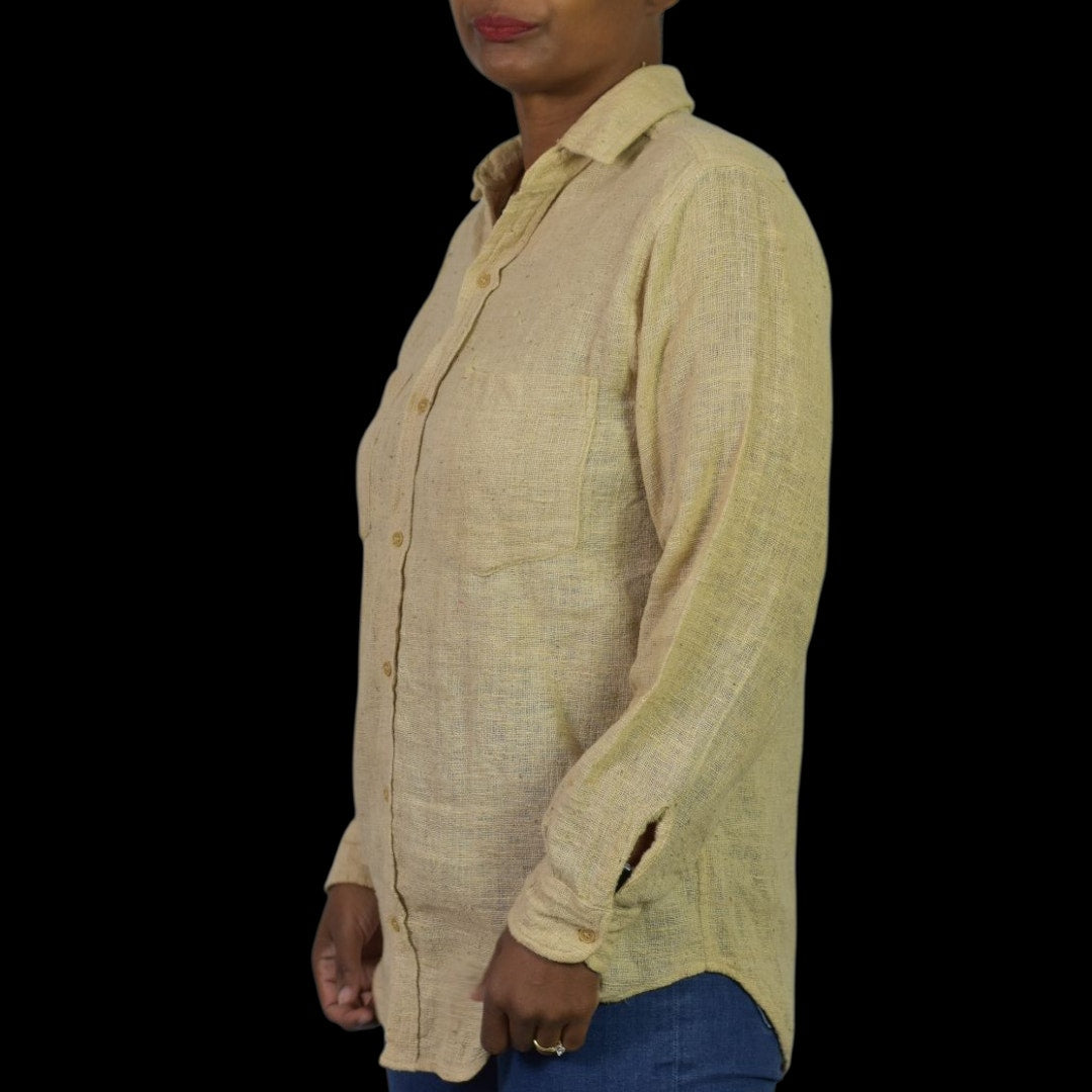 Vintage Cotton Button Down Shirt Tan Oatmeal Woven Gauze India Casual Small Mens