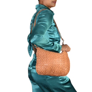 Vilenca Holland Leather Bag Brown Cognac Woven Leather Adjustable Shoulder Crossbody Soft Slouchy