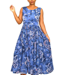 Vintage Jasmine KVM Dress Blue Fish Print Tent Shift Midi Cotton Gauze Airy Open Back Tie Medium