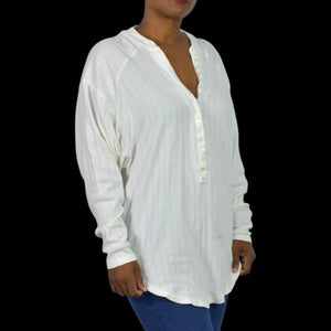 Free People Coffee Chat Pullover Top White Henley Tunic Pointelle Knit Ribbed Oversized Medium