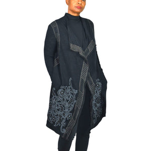 Paparazzi Biz Embroidered Asymmetric Cardigan Jacket Black Duster Cotton Open Front Medium