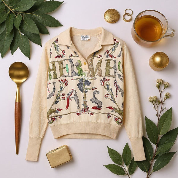 Vintage Hermes Alphabet Polo Top Beige Print Silk Cashmere