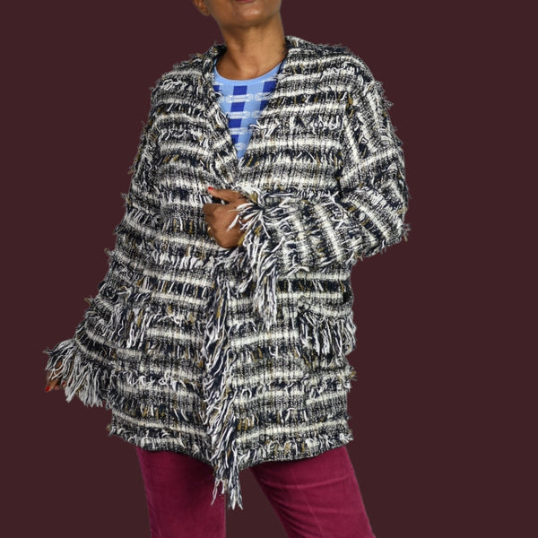 Zara Basic Fringed Tweed Coat Cardigan Black White Metallic Thread