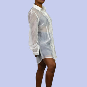 Sugar Thrillz Totally Paused Sheer Top Ruffles Collared Long Button Front Tuxedo Shirt Blouse XXL