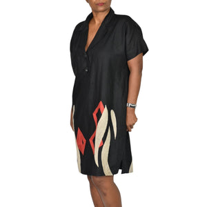 Vintage Andrea Jovine Linen Dress Black Print Abstract Embroidery Cocoon 10 Medium