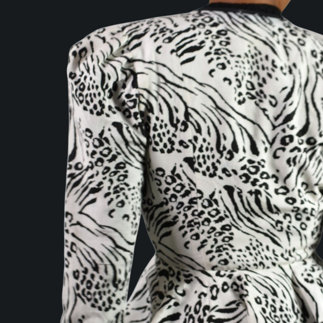Vintage Jessica Howard 80s Power Blazer Jacket White Black Animal Print Shoulder Pads Peplum Small