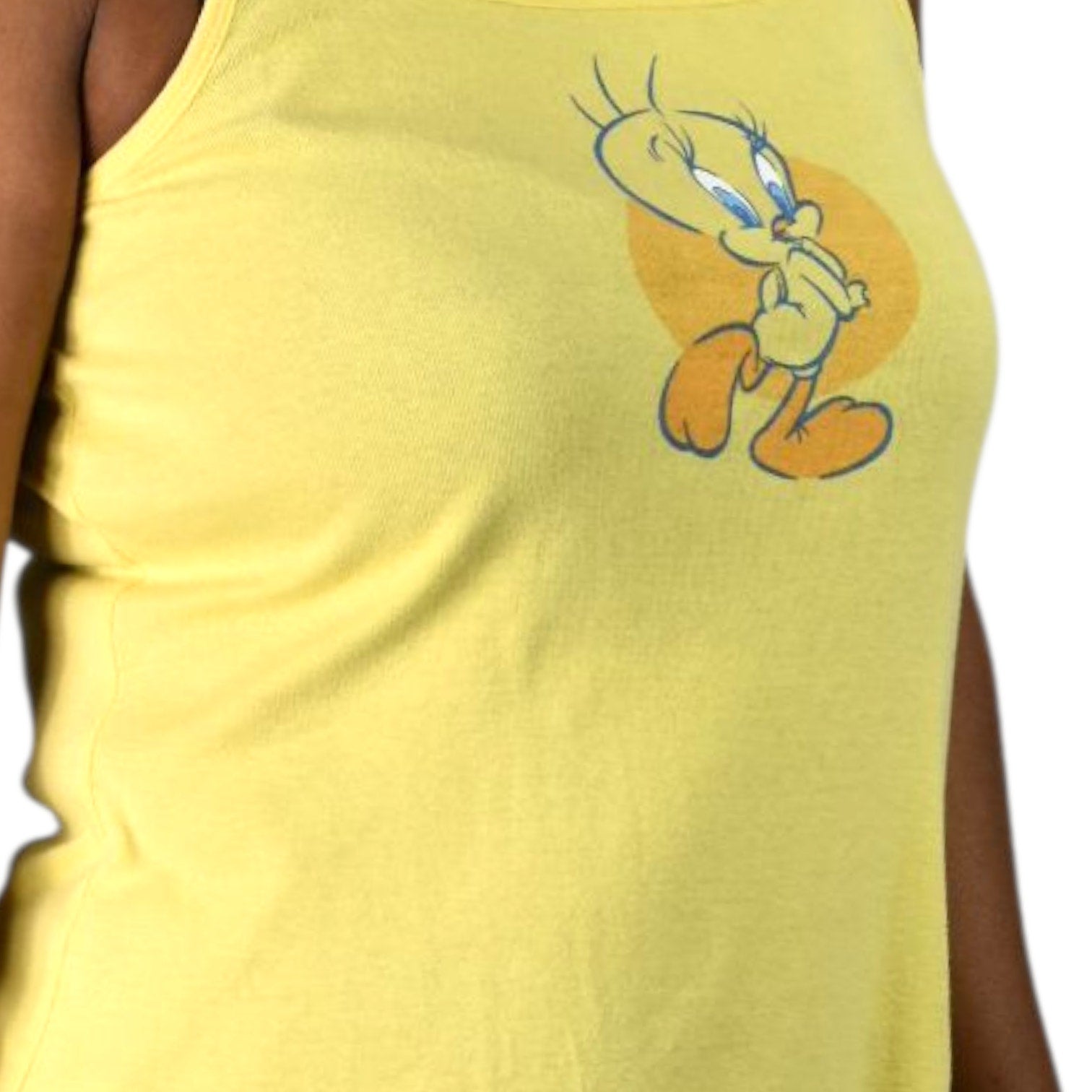 Warner Bros Y2K Tweety Dress Yellow Cotton Jersey Knit Side Slits Retro Mini Tank Graphic 2000s XS