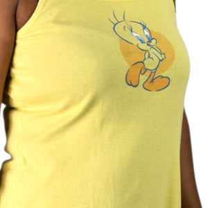 Warner Bros Y2K Tweety Dress Yellow Cotton Jersey Knit Side Slits Retro Mini Tank Graphic 2000s XS