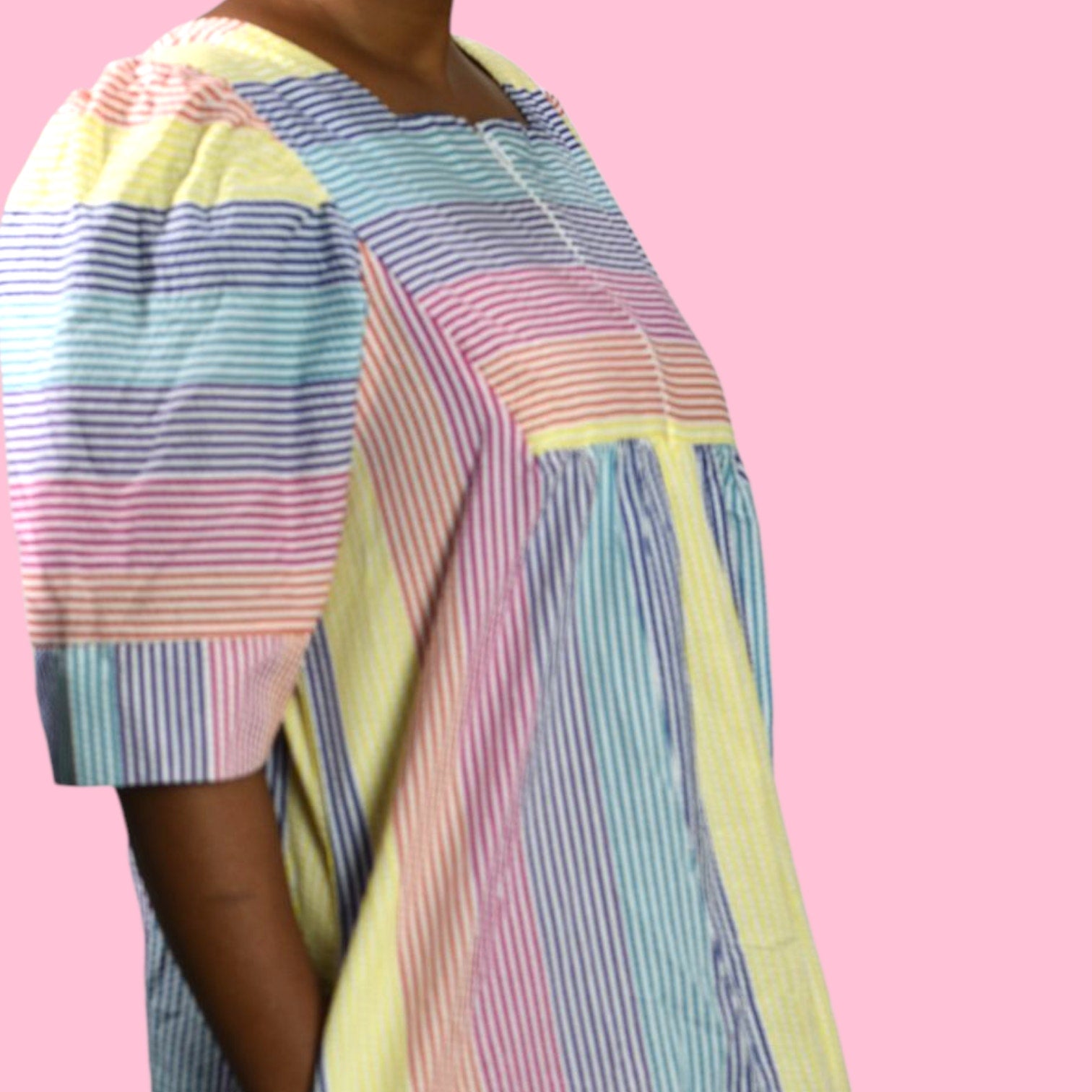 Vintage Saybury Rainbow Stripe Dress Pink Seersucker Sundress Long Patio House Sack Housecoat Muumuu Large