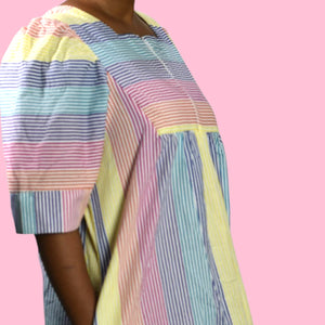 Vintage Saybury Rainbow Stripe Dress Pink Seersucker Sundress Long Patio House Sack Housecoat Muumuu Large