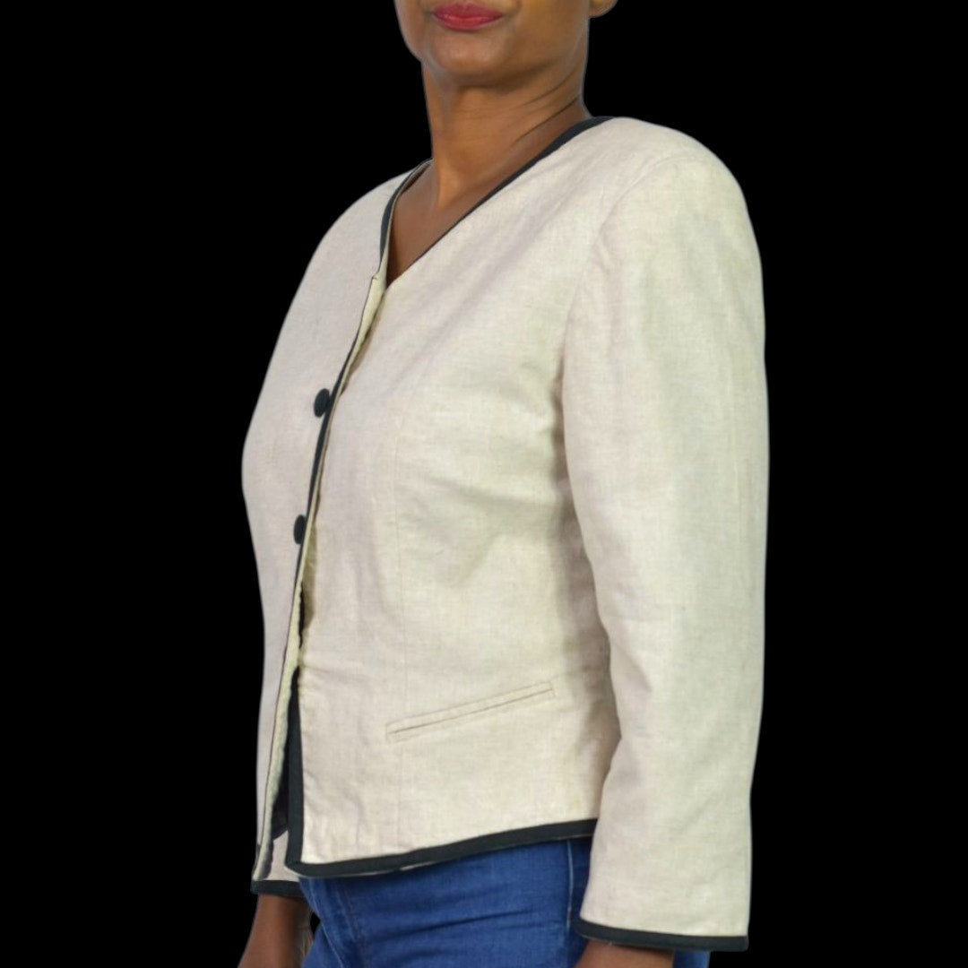 Vintage Althuser Linen Blend Blazer Jacket Beige Cropped Black Trim Tailored Shoulder Pads 10