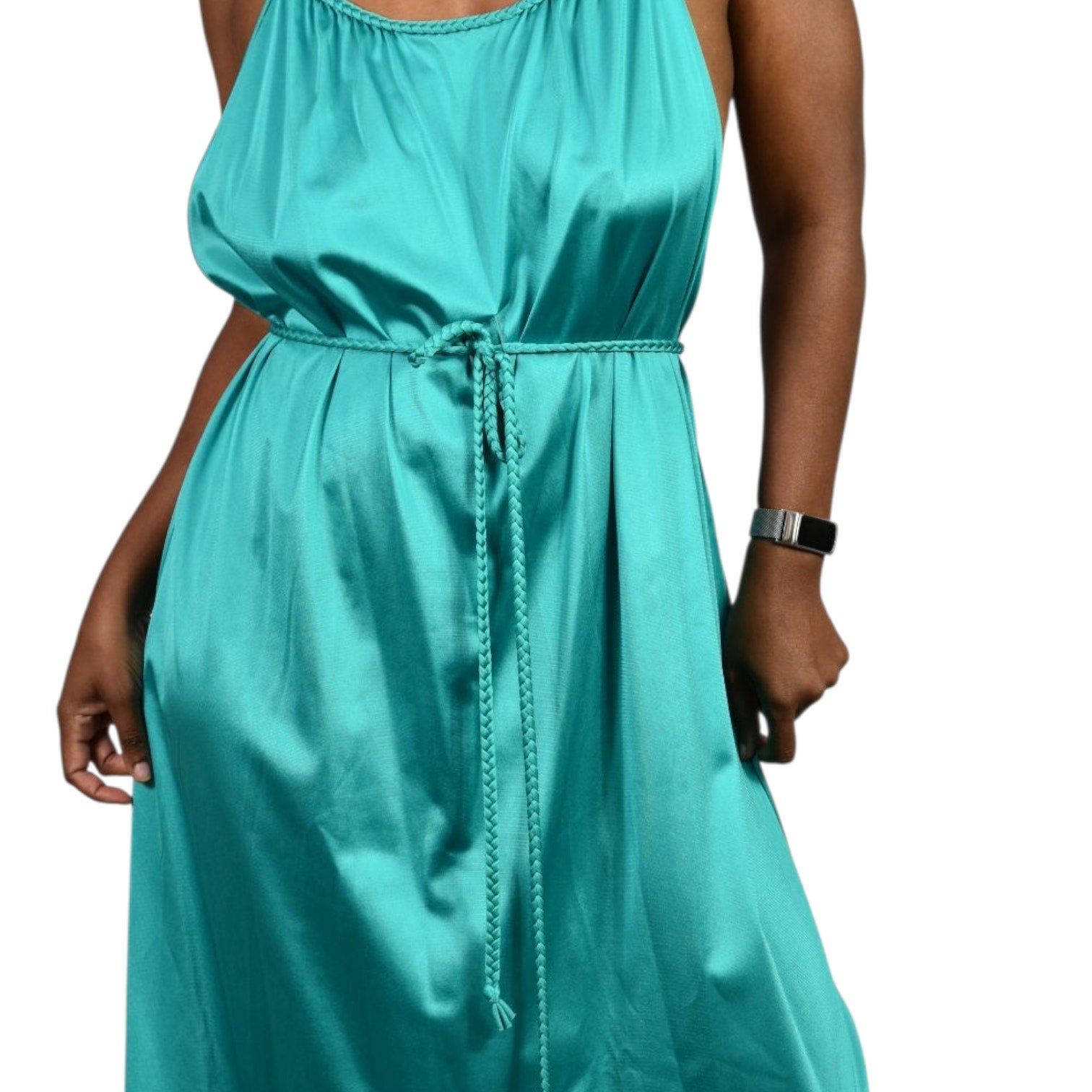 Vintage JC Penney Grecian Style Gown Green Teal Nylon Nightgown Goddess Long Maxi Silky Shiny Lingerie 70s 80s Large