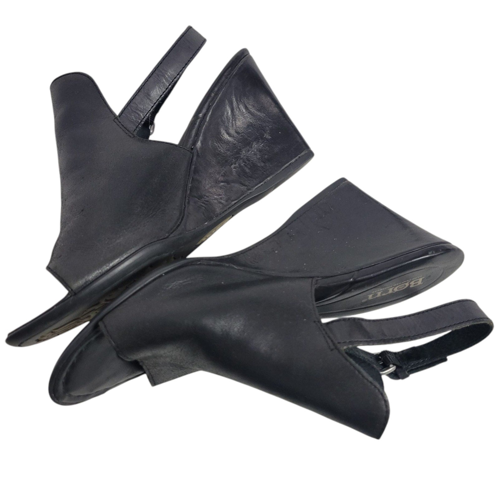 Born Bevi Wedge Heels Black Open Toe Leather Slingback Comfort Cushioned Buckle 7