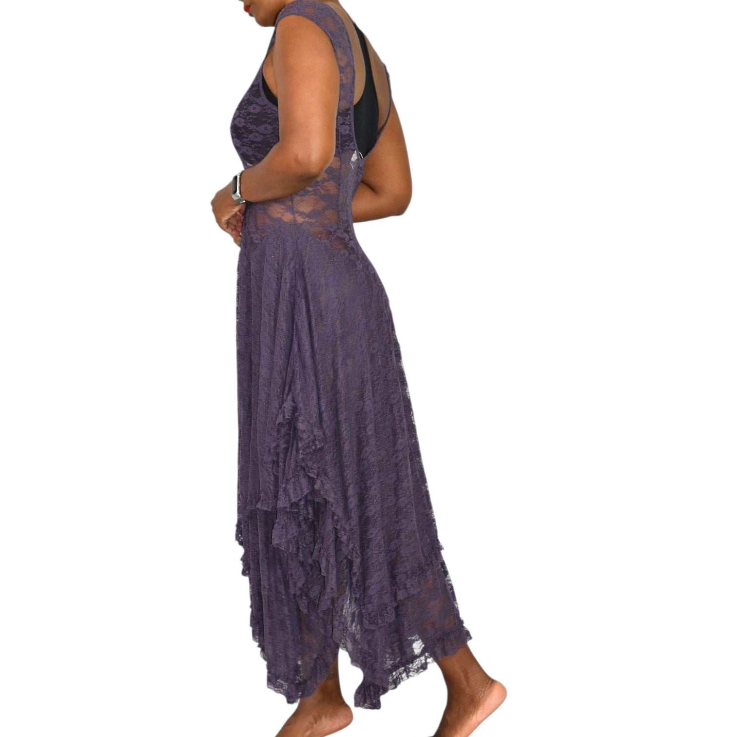 Free People French Courtship Slip Dress Purple Stretch Lace Sheer Midi Asymmetric Handkerchief Hem XS