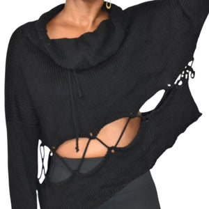 Manuelle Guibal Paris Sweater Black Knit Cropped Cutout Lace Up Long Sleeve Oversized Boxy Large
