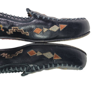 Warren Edwards Sham Vibes Flats Black Moccasin Loafers Embroidery Leather Slip On Size 8