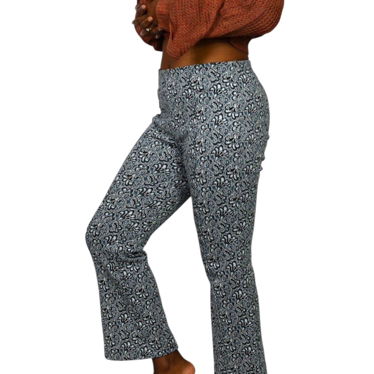 Maeve Margot Knit Pants Blue Paisley Flower Jacquard Cropped Flare Pull ONAnthropologie Small