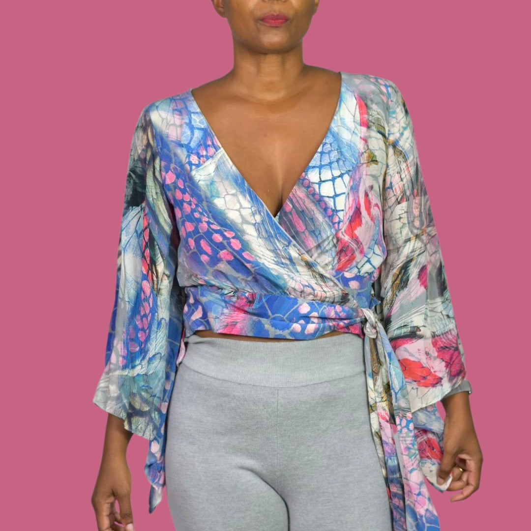 Leifsdottir Serpent Charmer Silk Blouse Top Blue Wrap Watercolor Print Kimono Sleeve Anthropologie 6