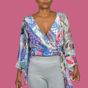 Leifsdottir Serpent Charmer Silk Blouse Top Blue Wrap Watercolor Print Kimono Sleeve Anthropologie 6