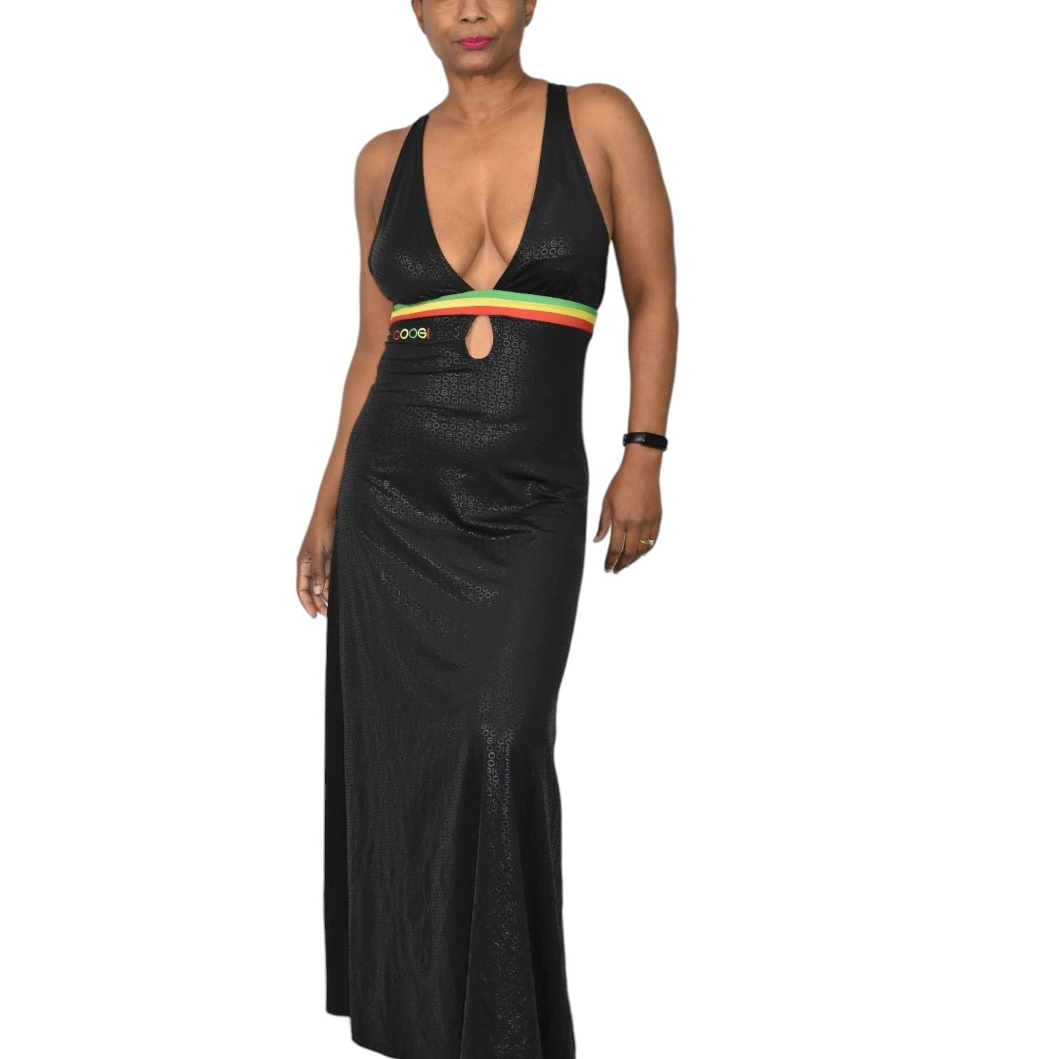 Coogi Rasta Maxi Dress Black Y2K Monogram Halter Low Cut Retro Halter Logo Size Small