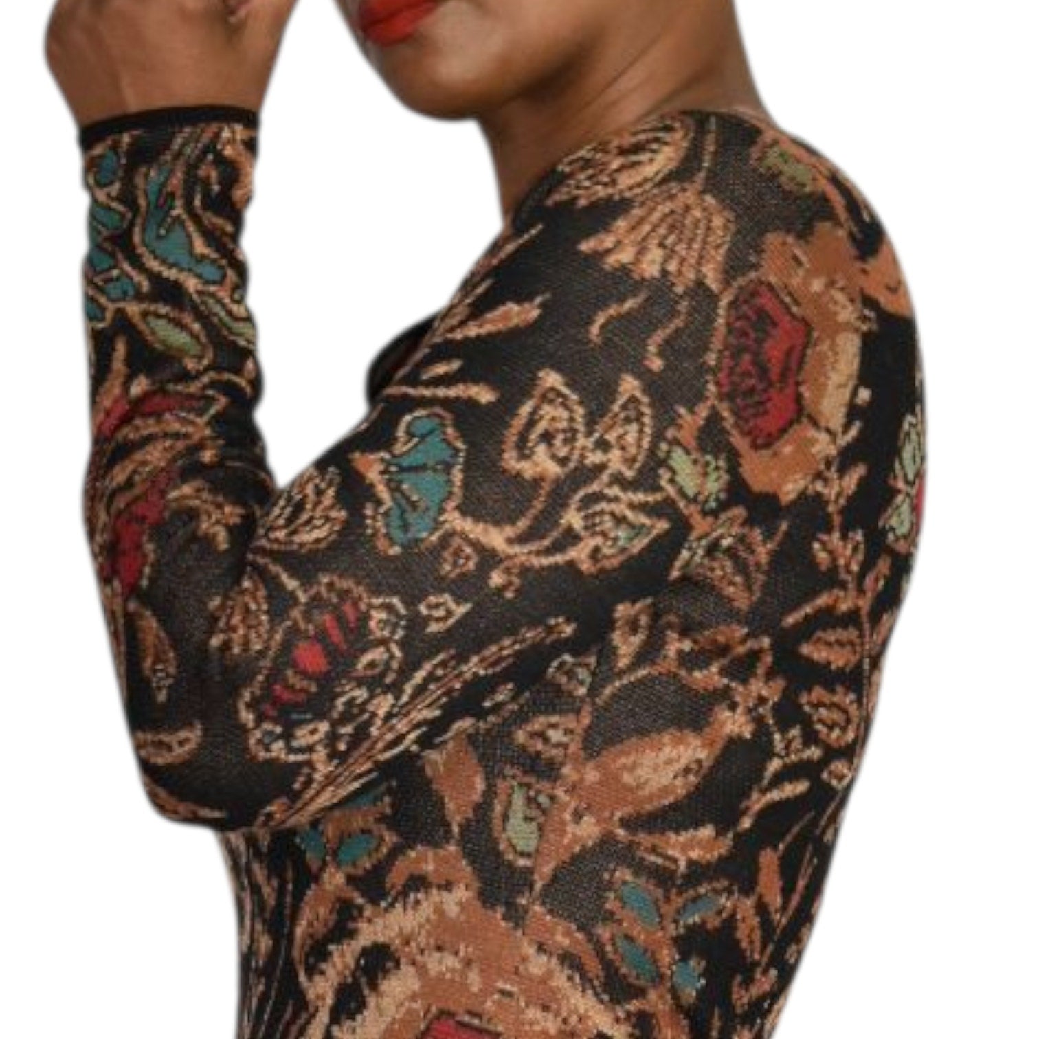Peruvian Connection Floral Tapestry Jacquard Sweater Dress Black Cotton Knit Print Long Sleeves Midi Small