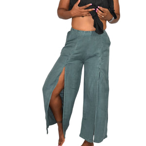 Young Fabulous Broke Cove Pant Green YFB Front Slits Crop Flare High Waist Washed Linen XS