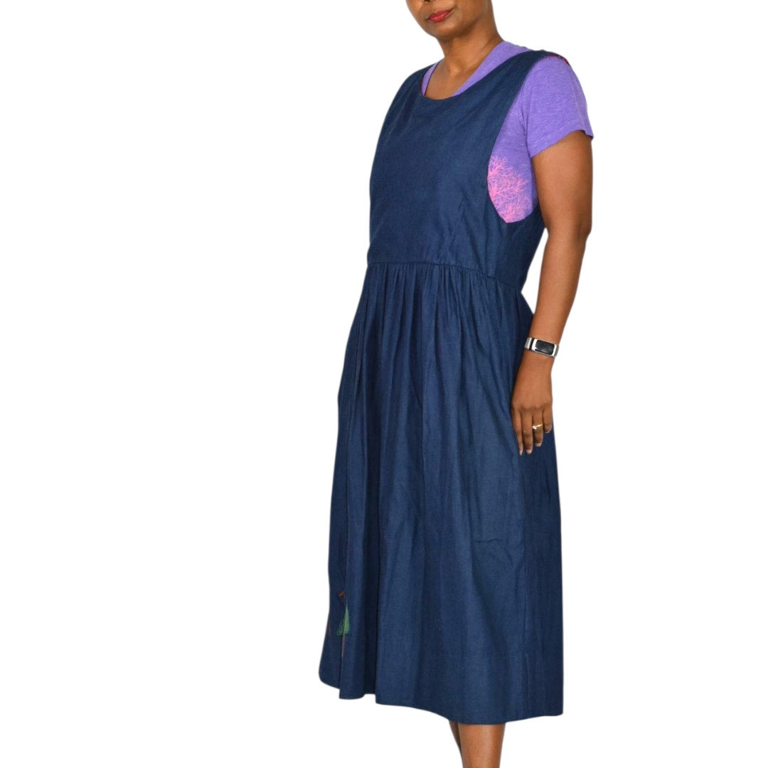 Vintage Betsys Denim Pinafore Dress Blue Teacher Applique Smock Patchwork Long School Medium