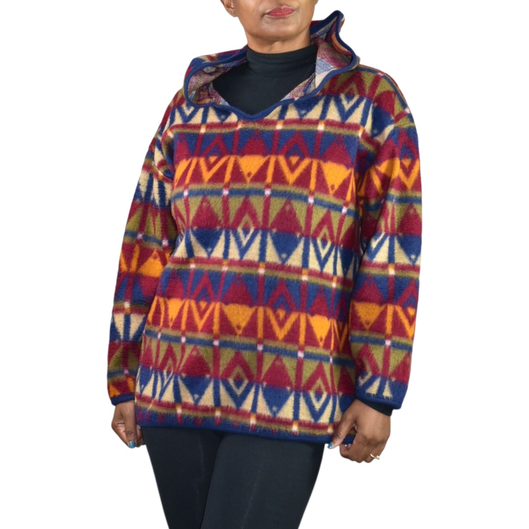 Vintage Jordache Concepts Fleece Jacket Ski Pullover Aztec Geometric Hooded 90s Medium