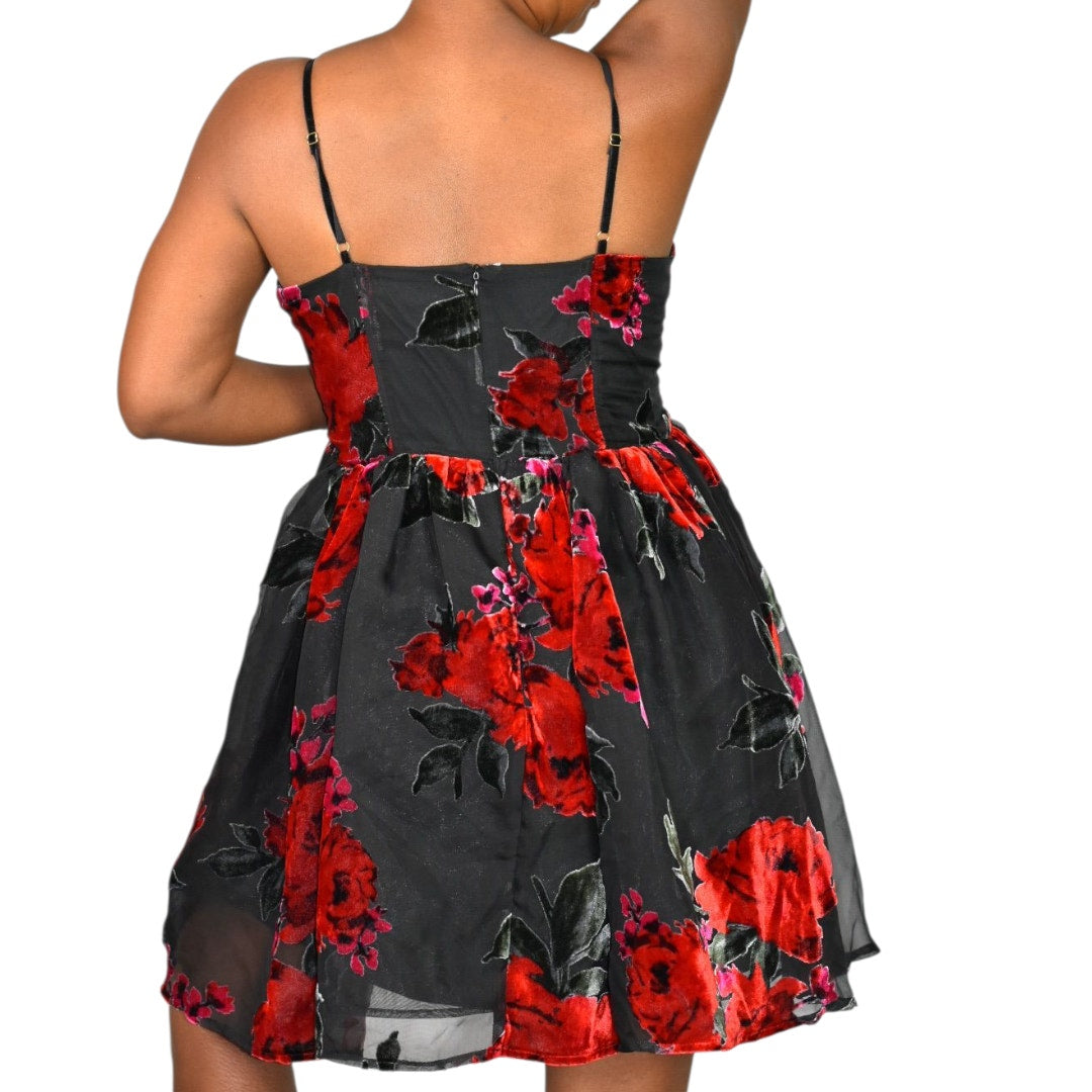 Betsey Johnson Lucia Bustier Dress Red Floral Mini Sheer Velvet Burnout Rose Corset Babydoll Sweetheart Large