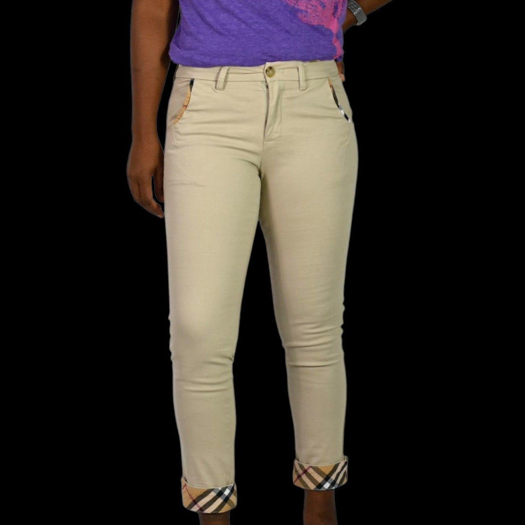 Burberry Khaki Pants Tan Nova Check Chino Cuff Tapered Ankle Cropped Low Rise 26