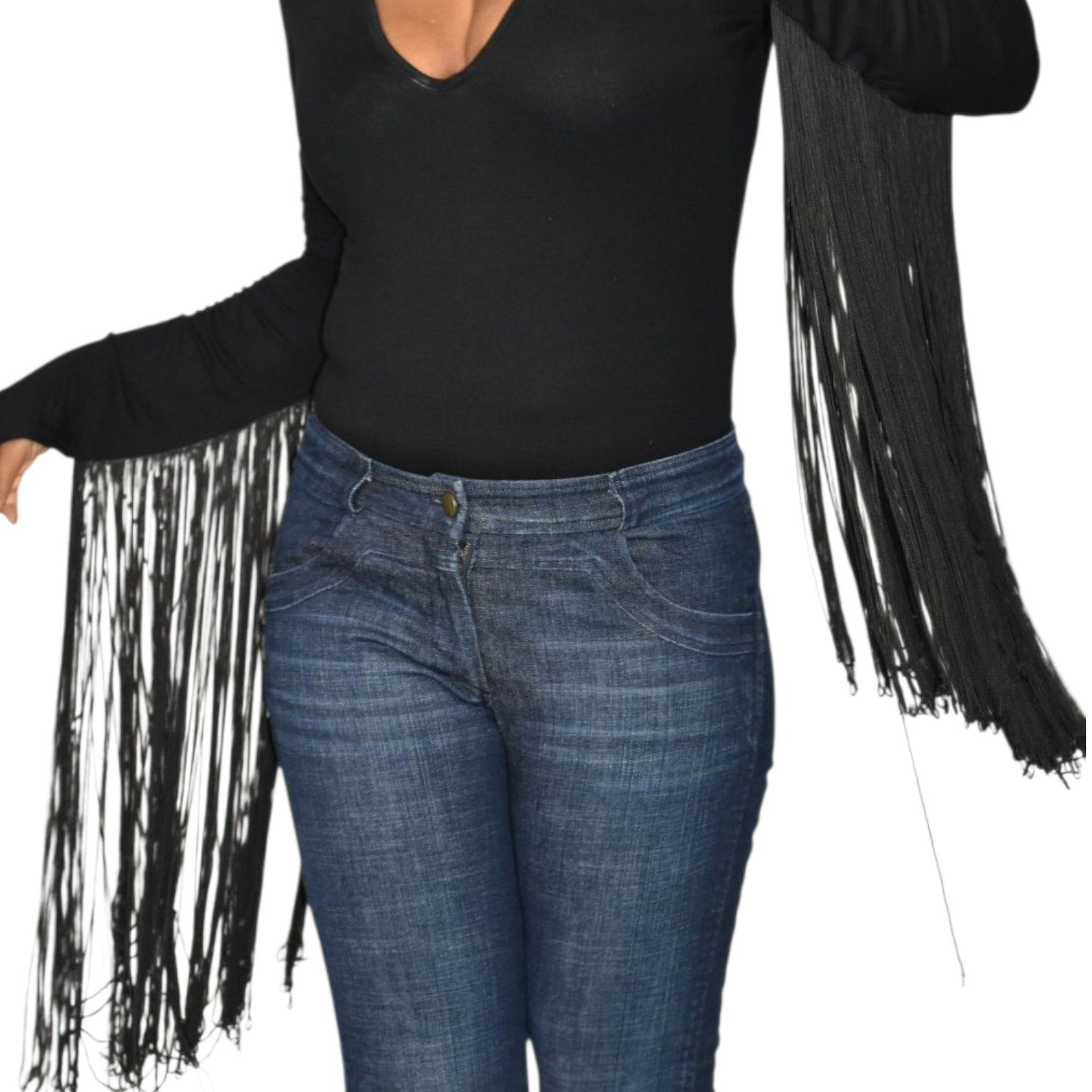 ASOS Fringe Bodysuit Black Plunge V Neck Long Sleeve Top Stretch Statement Blouse 6