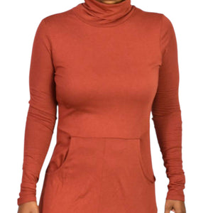 Peruvian Connection Haley Turtleneck Dress Burnt Sierra Orange Cotton Modal Midi Jersey Long Sleeve Stretch Small