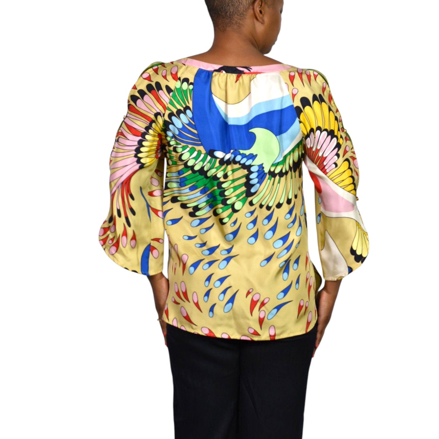 TIBI Silk Printed Tunic Yellow Colorful Peacock Jeweled Studded Blue Cutouts Birds 6