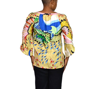 TIBI Silk Printed Tunic Yellow Colorful Peacock Jeweled Studded Blue Cutouts Birds 6