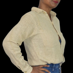 Vintage Cotton Button Down Shirt Tan Oatmeal Woven Gauze India Casual Small Mens
