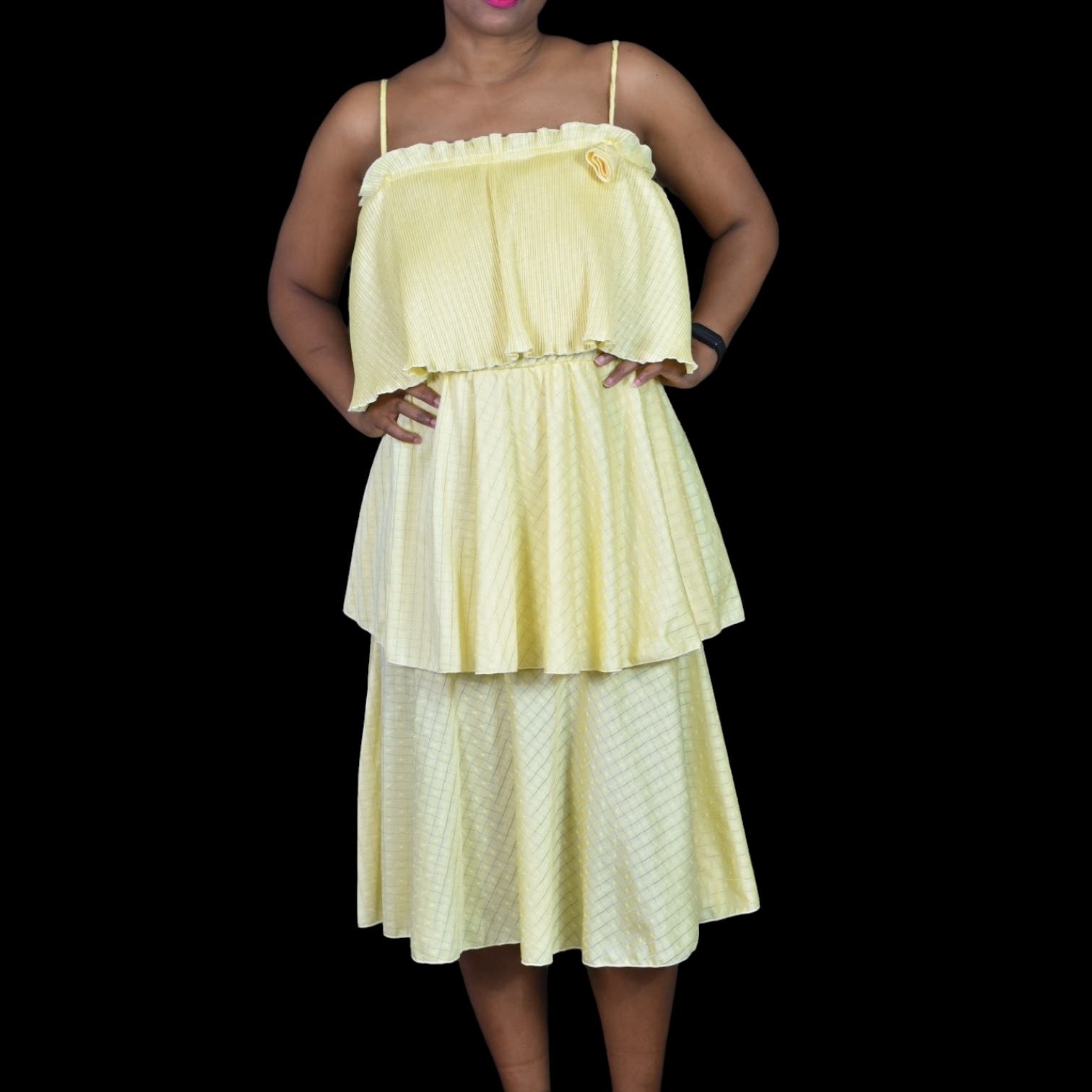 Vintage 70s Tiered Midi Dress Yellow Ruffle Plisse Lemon Sunny Pastel Homemade Size Large