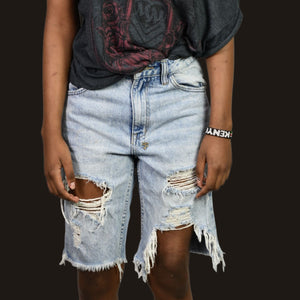 Ksubi Jean Shorts Light Blue Destroyed Heavy Distressed Denim Longline Mid Rise Cutoff Raw Hem Cotton 26
